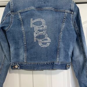 Bebe Cropped Denim Jacket with Crystal Detailing on Back size Medium